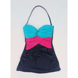 Profile by Gottex Tankini Top Womens 6 Blue Color Block Ruched Halter Swimsuit‎